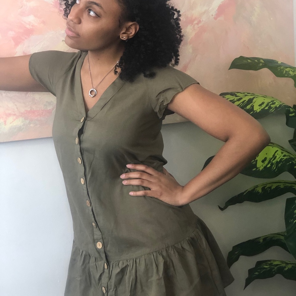 Army green button down mini dress